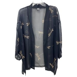 Cocoon House 100% Silk Kimono Top Size L/XL Dragonflies Black Gold Sheer